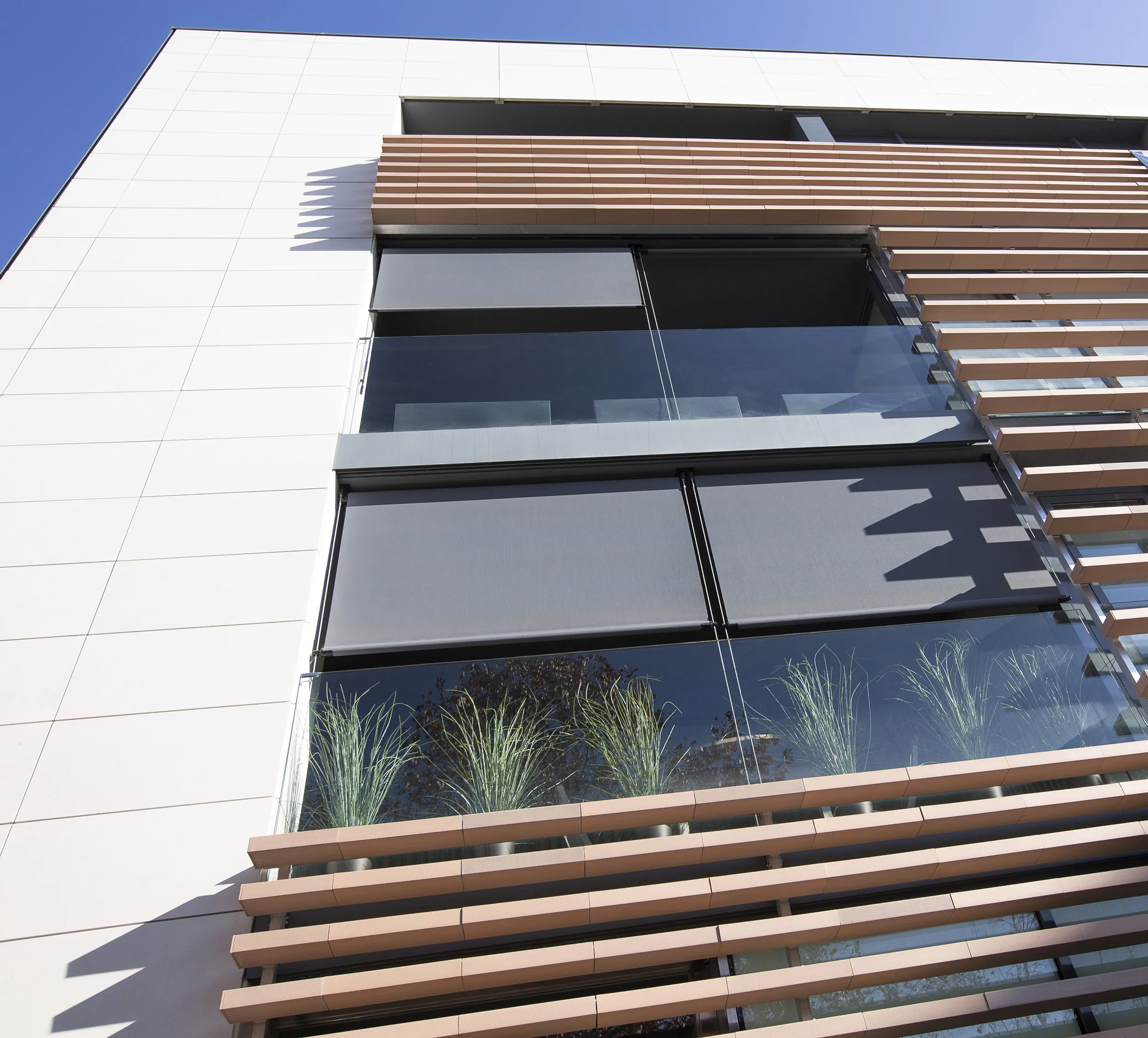 Toldo vertical Bandalux desplegado en fachada exterior con luz filtrada