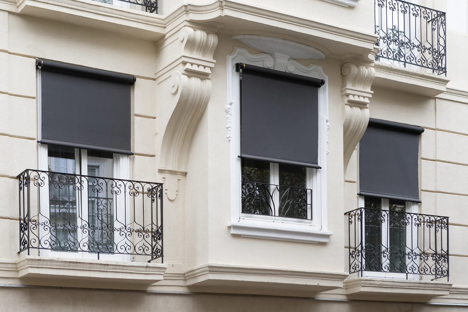 Enrollables negros en fachada histórica parisina